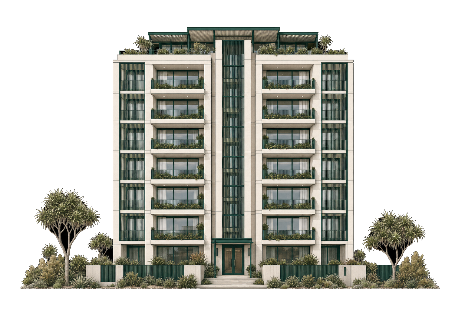 Coastal apartment building with sea-breeze screens and pandanus planting